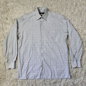 Ermenegildo Zegna Plaid Shirt Mens Large Blue White Button Up Long Sleeve Casual